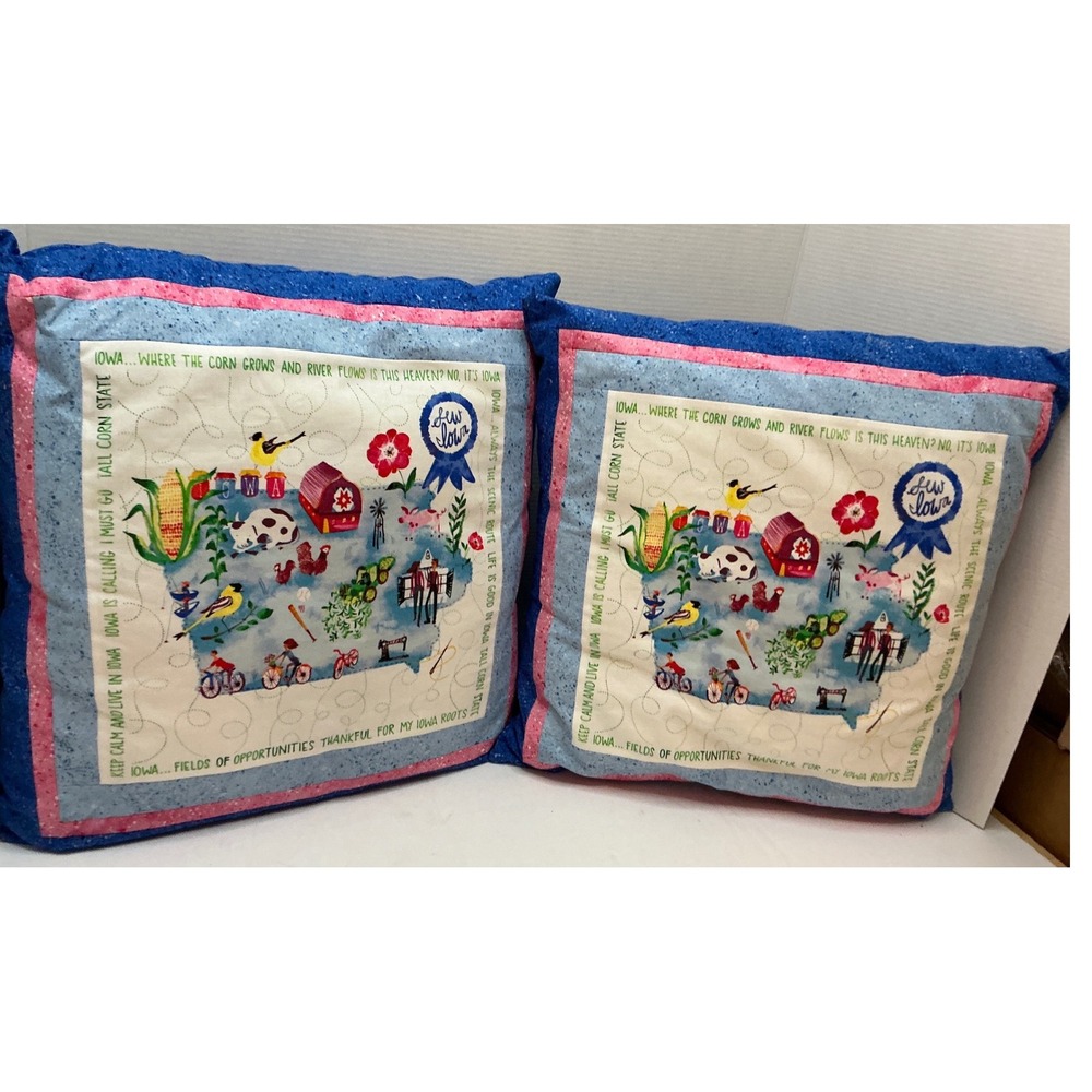 Vintage Iowa State Map Quilted Throw Pillows Set of 2 Blue Pink 16x16